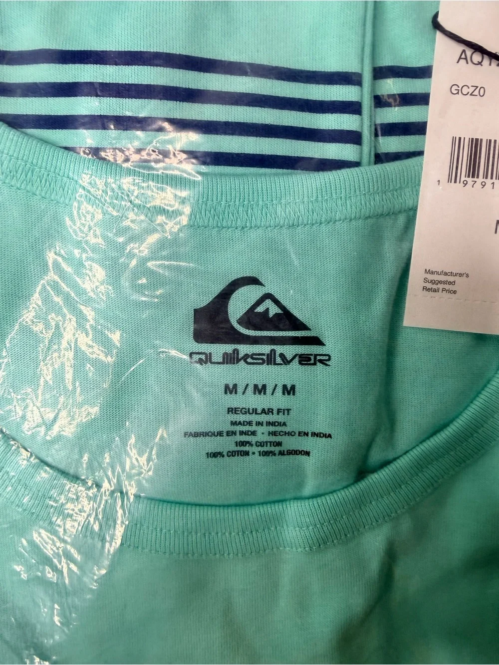 Quiksilver Men’s Mint Green Swim Rash Guard with Navy & Red Stripes